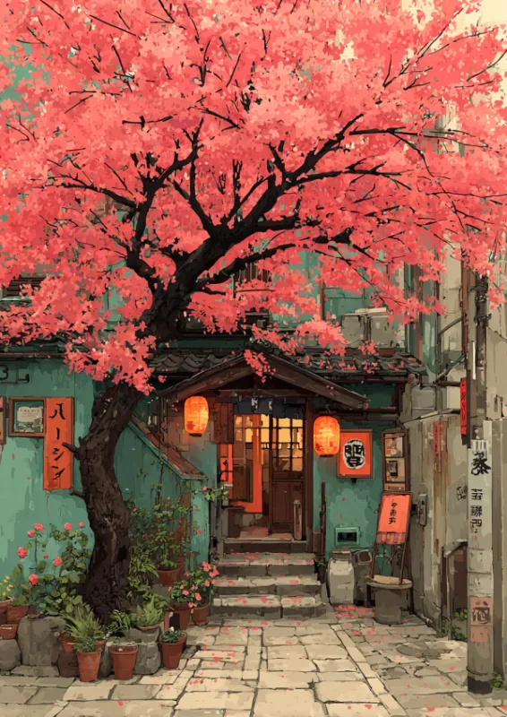 Schilderachtige illustratie van een Japanse straatscène met een grote roze kersenbloesemboom boven een traditionele winkelpui met gloeiende oranje lantaarns, blauwgroene muren, stenen treden, potplanten en verspreide bloemblaadjes