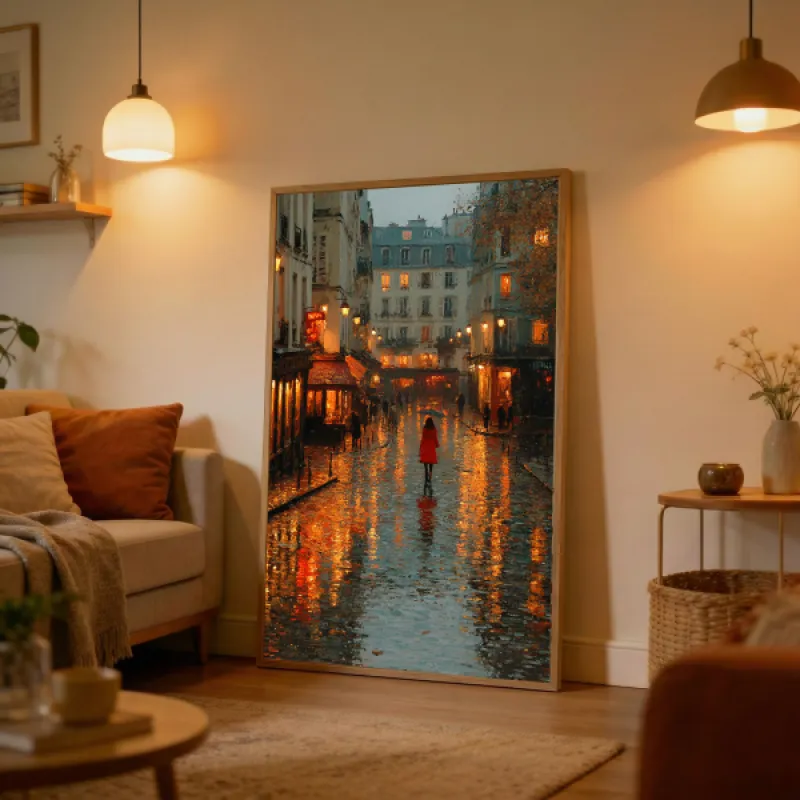 Vrouw in Rode Jas Regenachtig Parijs Straat Schilderij Wandkunst Print — Sfeervolle Stadsbeeld Poster