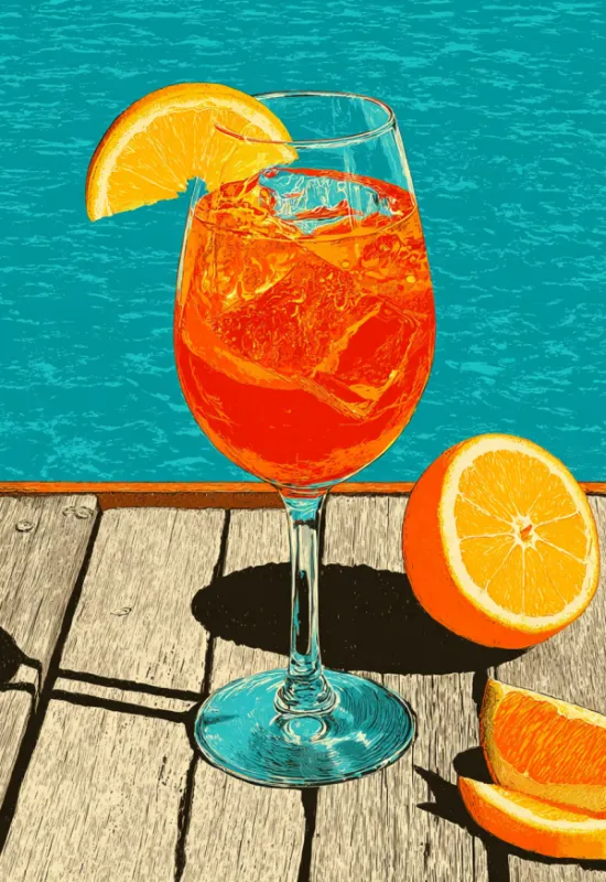 Bold retro screen print style illustration of an Aperol Spritz cocktail in a wine glass with ice and an orange slice on a wooden deck beside sliced oranges and turquoise pool water