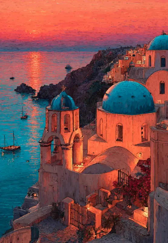 Painterly illustration of Santorini at sunset with iconic blue-domed churches and whitewashed buildings glowing in warm peach light on volcanic cliffs above turquoise water with sailing boats and a pink-orange sky