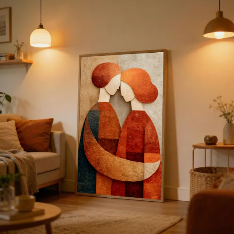 Abstract Faceless Couple Embrace Painting Wall Art Print — Textured Earth Tone Love Poster