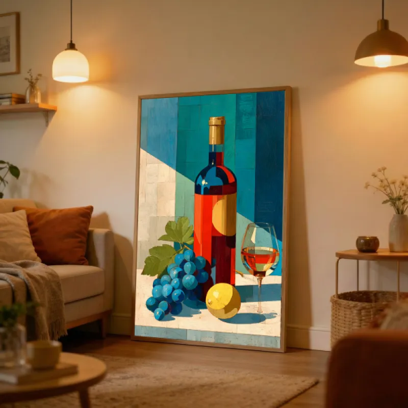 Modern Wine Still Life Painting Wall Art Print — Bold Cubist Bottle & Grapes Poster