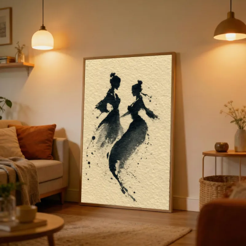 Dancing Couple Ink Painting Wall Art Print — Abstract Figures Sumi-e Style Poster