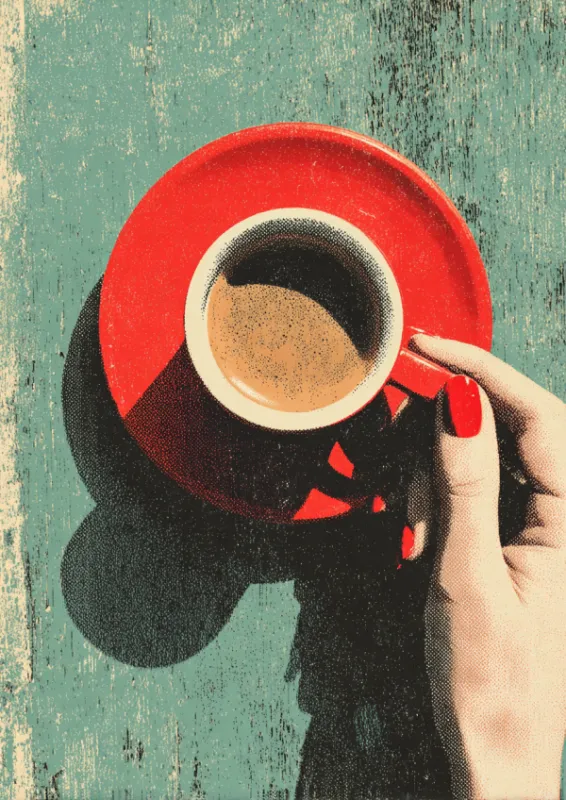 Retro vintage graphic art of a feminine hand with red nail polish holding a red espresso cup and saucer seen from above on a distressed teal wooden surface with halftone grain texture
