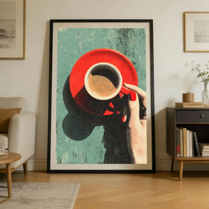 Red Nails & Espresso Retro Graphic Wall Art Print — Vintage Coffee Cup Feminine Poster
