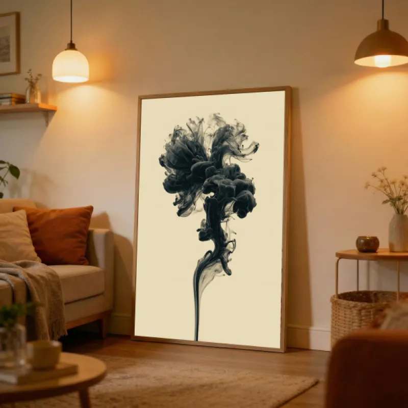 Black Ink Bloom Wall Art Print — Abstract Smoke Flower Minimalist Poster