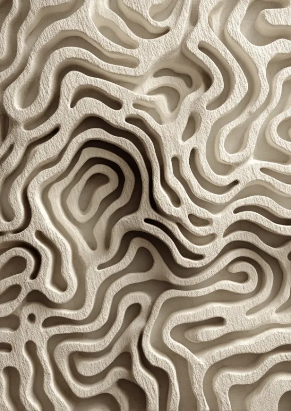 Abstract three-dimensional sculptural relief of continuous flowing organic lines carved into a sand-coloured textured surface with soft shadows creating a topographic pattern in warm cream and taupe tones