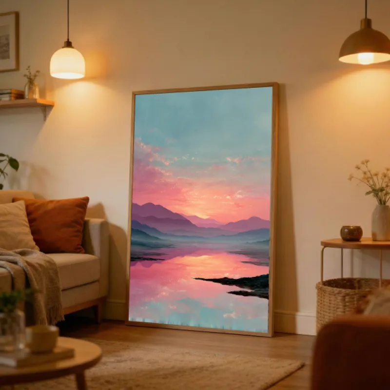 Painterly landscape of a pastel sunset over layered purple mountain silhouettes with coral pink peach and pale blue sky reflected in perfectly still water