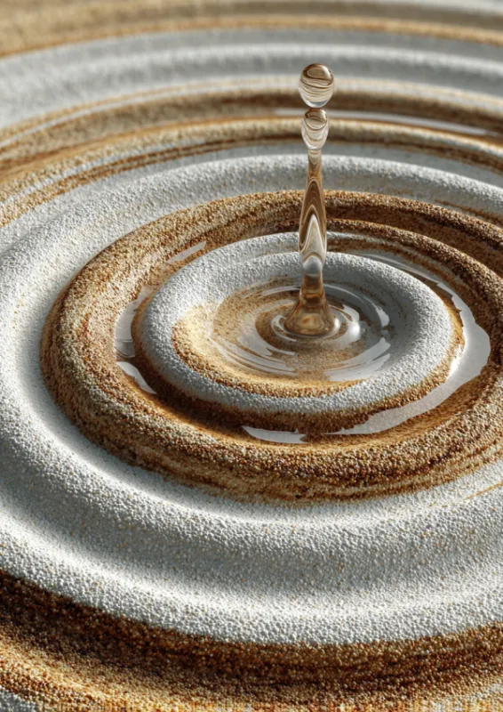 Close-up of a single water droplet rising from the centre of concentric circular ripples in alternating fine white and golden sand with crystal-clear water reflections