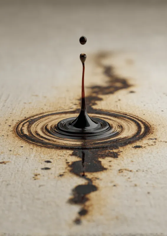 Macro photograph of a single glossy black ink droplet bouncing upward from a raw stone surface creating concentric ripples with ink trail and splatters in shallow depth of field