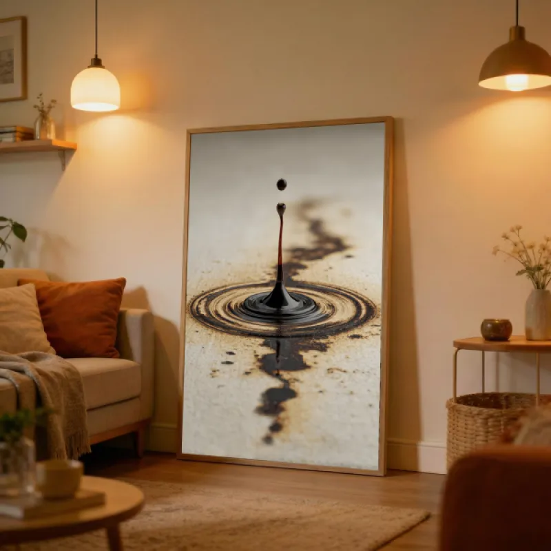 Black Ink Drop Impact Wall Art Print — Minimalist Ripple on Stone Photography Poster