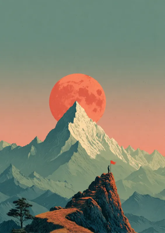 Retro style illustration of a lone figure with a red flag on a mountain summit looking at a towering snow-capped peak with a large coral red moon behind it, layered teal and sage green mountain ridges, a winding trail, and a solitary tree