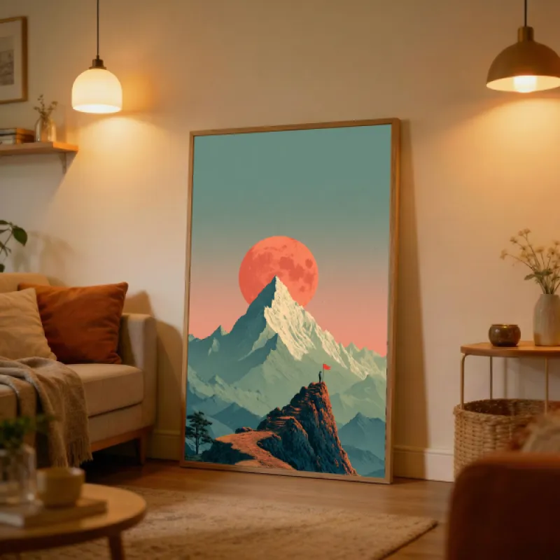 Retro style illustration of a lone figure with a red flag on a mountain summit looking at a towering snow-capped peak with a large coral red moon behind it, layered teal and sage green mountain ridges, a winding trail, and a solitary tree