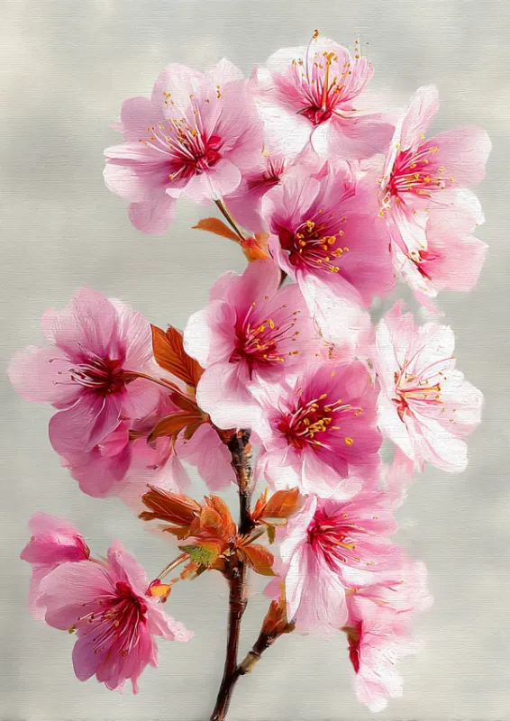 Oil painting style close-up of delicate pink cherry blossom flowers with golden stamens and small copper-toned leaves on a slender brown branch against a soft dove grey background with visible impasto brushstrokes