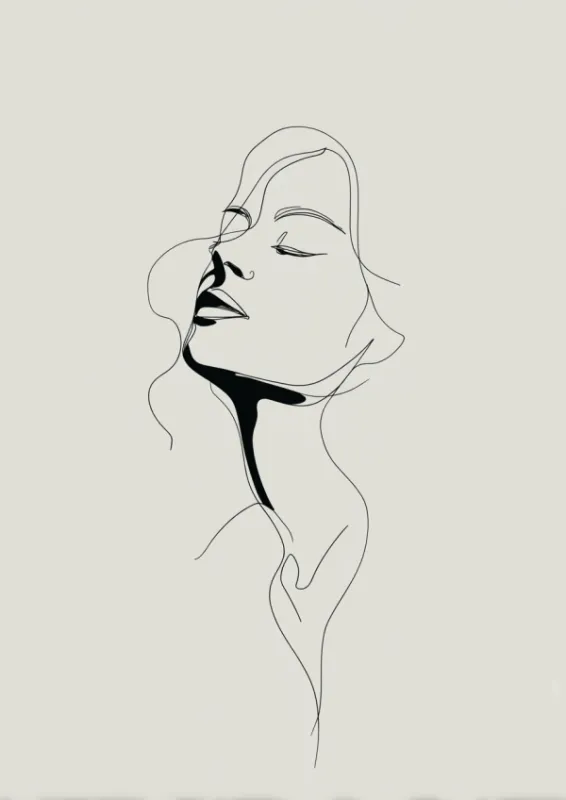 Minimalist continuous line drawing of a woman's face and neck tilted back with closed eyes and parted lips in thin black ink with bold shadow accents on a soft warm grey background