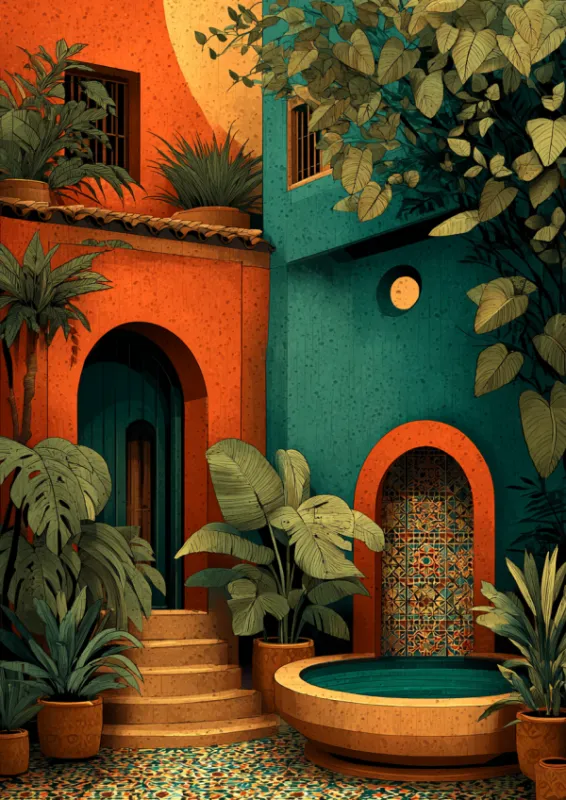 Painterly illustration of a Moroccan riad courtyard with terracotta orange and deep teal walls, arched doorways, ornate mosaic tiles, a circular plunge pool, lush tropical plants, and a golden sun glowing behind the rooftops