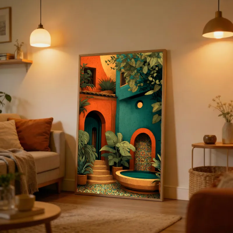 Moroccan Riad Courtyard Illustration Wall Art Print — Tropical Garden Terracotta & Teal Poster
