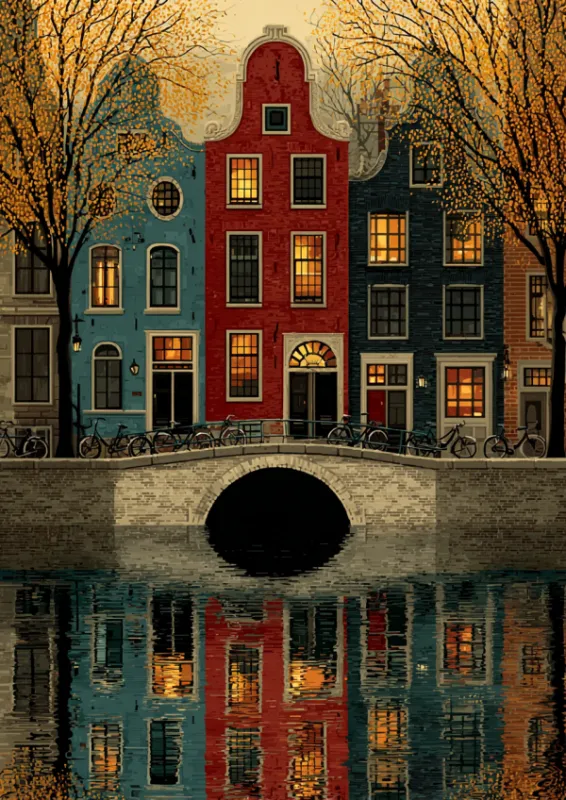 Warm painterly illustration of Amsterdam canal houses in teal, red, and dark navy behind a stone arched bridge with bicycles and golden autumn trees, their glowing windows reflected in the still canal water