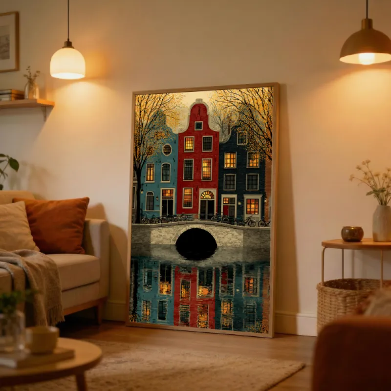 Amsterdam Canal Houses Illustration Wall Art Print — Dutch Autumn Bridge Vintage Poster