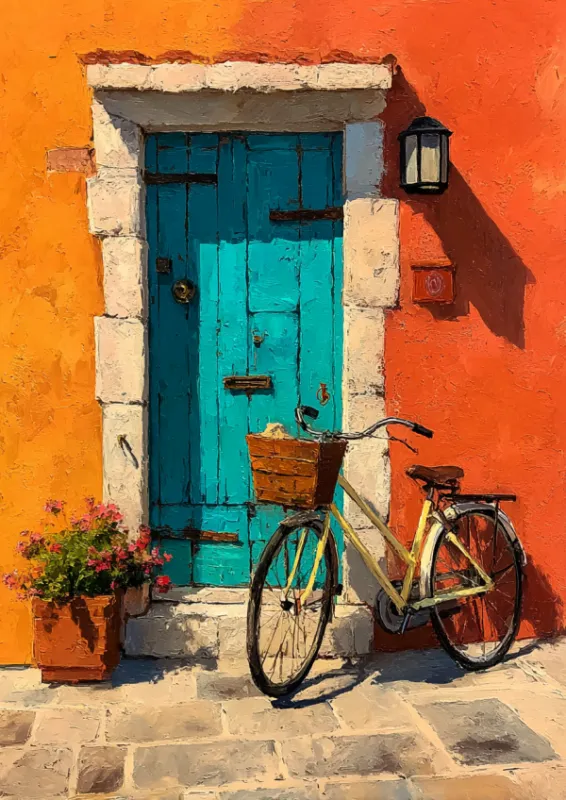 Dik impasto olieverfschilderij van een vintage crèmekleurige fiets met rieten mand leunend tegen een turquoise houten deur in een helderoranje pleistermuur met stenen kozijn, ijzeren lantaarn en terracotta bloempotten op kasseien