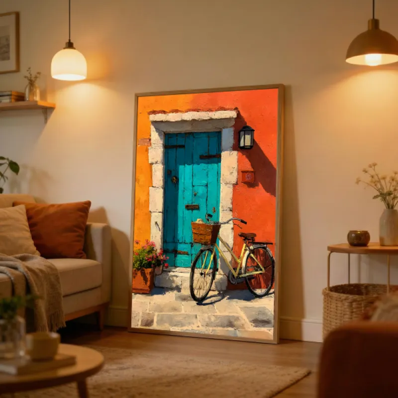 Turquoise Door & Bicycle Oil Painting Wall Art Print — Mediterranean Street Scene Poster