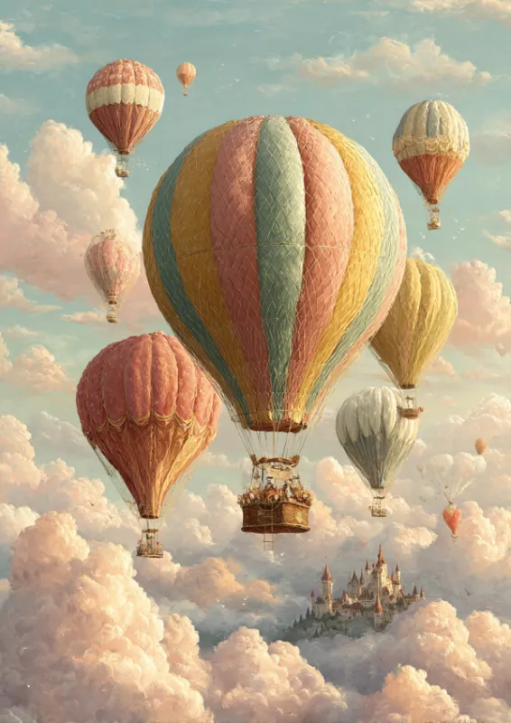 Whimsical illustration of colourful vintage hot air balloons in pastel pink, teal, gold, and cream floating through soft billowing clouds above a fairytale castle with spires emerging from the mist