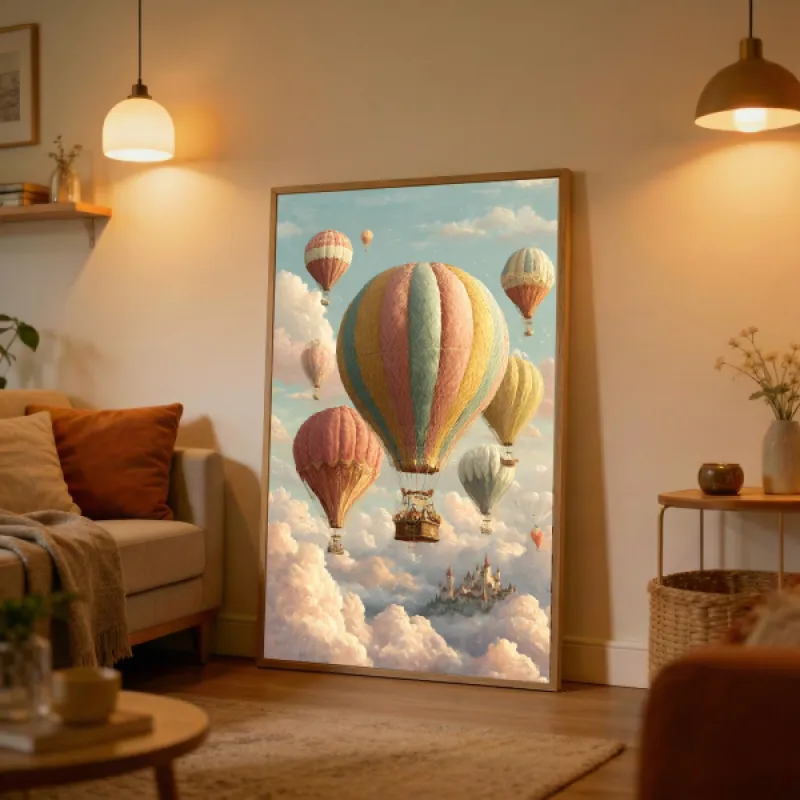 Whimsical Hot Air Balloons Over Clouds Wall Art Print — Fairytale Sky Castle Pastel Poster