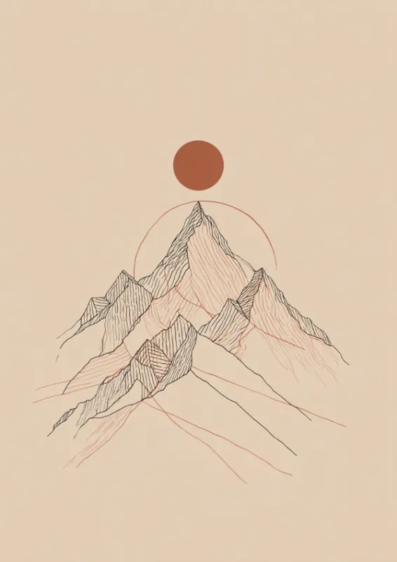 Minimalist continuous line art of layered mountain peaks with a small amber sun above on a warm cream background, Scandinavian style