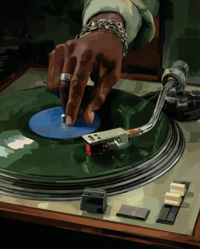 Oil painting style close-up of a hand with silver chain bracelet and ring placing a needle on a spinning green vinyl record on a turntable with chrome tonearm and blue label in moody dark green tones