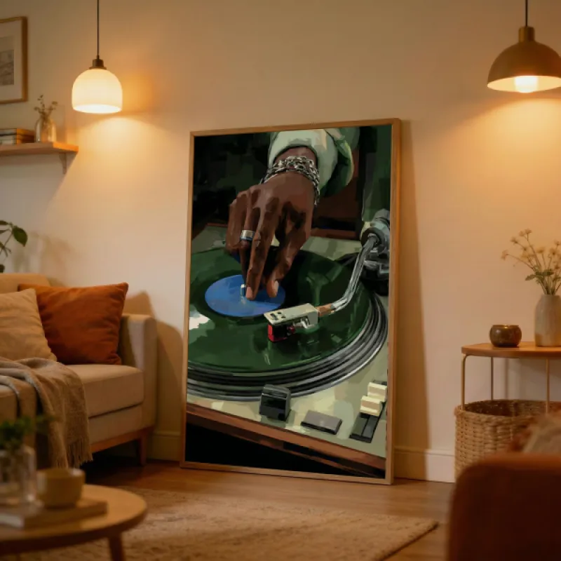 Vinyl Record Turntable Painting Wall Art Print — Vintage DJ Hand on Green Vinyl Poster