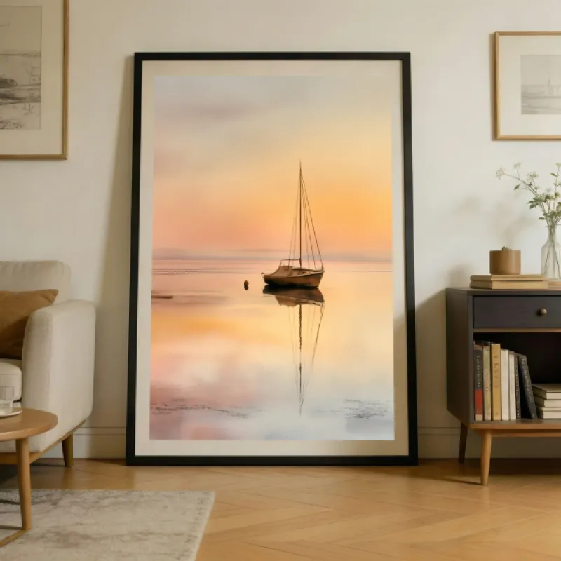 Zachte Aquarel Zeilboot Op Stil Water Wandkunst Print — Pastel Zeegezicht Scandinavisch Kust Poster
