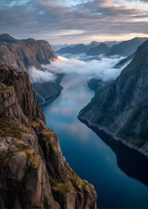 Dramatic Norwegian fjord landscape with towering dark cliffs rising from mirror-still deep blue water, low clouds in the valley and warm golden light catching distant mountain peaks at dusk