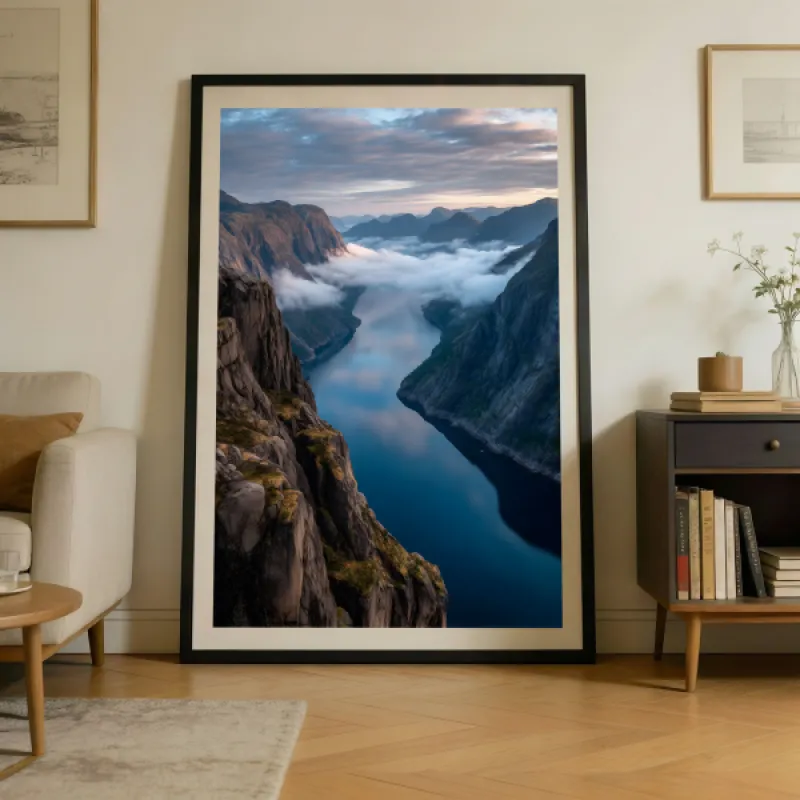 Dramatic Norwegian fjord landscape with towering dark cliffs rising from mirror-still deep blue water, low clouds in the valley and warm golden light catching distant mountain peaks at dusk