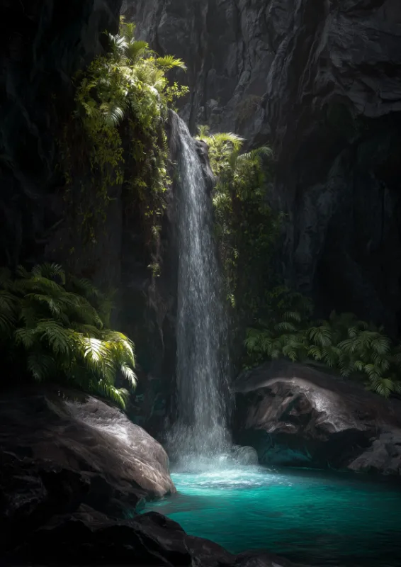 Krachtige waterval die over donkere basaltrotsen stroomt in een lichtgevende turquoise poel omringd door weelderige groene varens en mos, met zijdeachtig langbelichtingswater en mistige nevel in het licht
