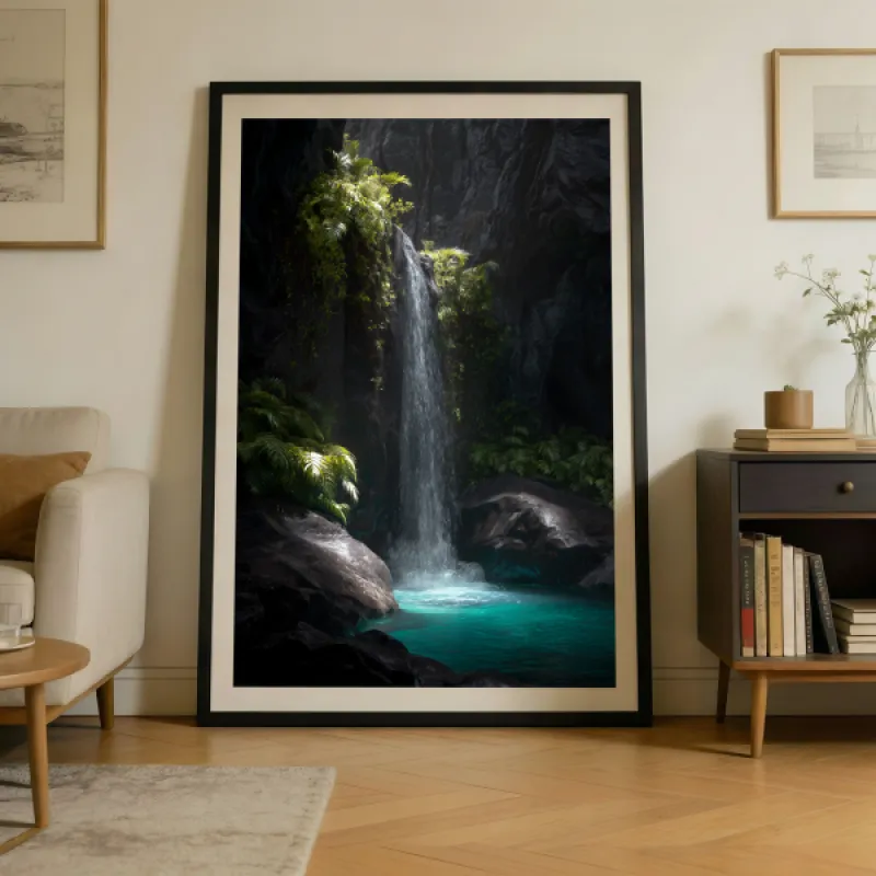 Dramatische Waterval Over Donkere Basaltrotsen Wandkunst Print — Turquoise Poel Cinematisch Natuur Poster