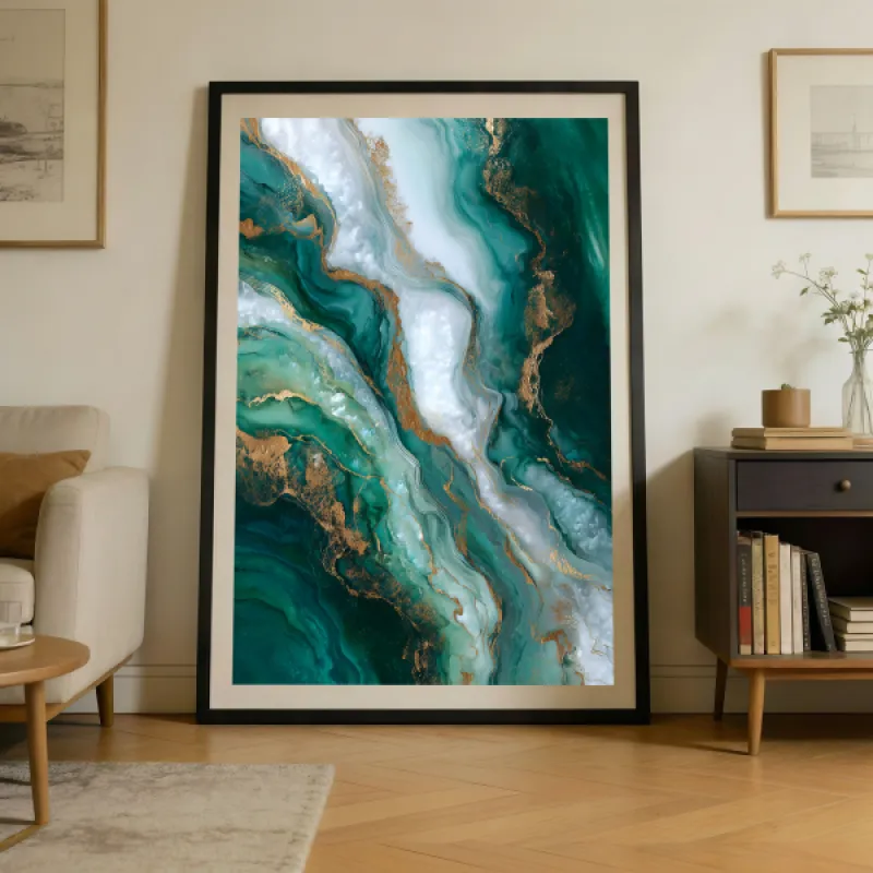 Smaragdgroen Marmer Abstract Wandkunst Print — Goudblad Mineraal Weelderig Statement Poster