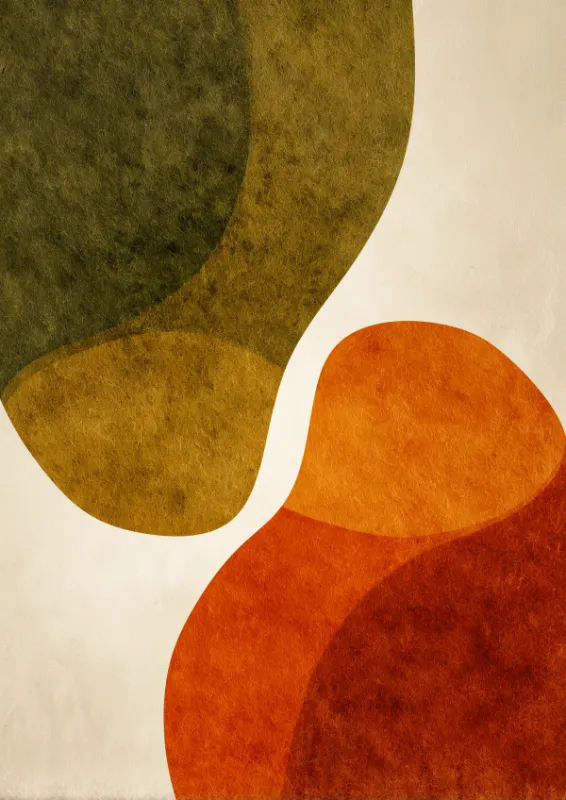 Two large organic shapes — deep olive green and warm burnt orange — meeting softly at the centre of an off-white canvas with blurred fuzzy edges in minimalist colour field style