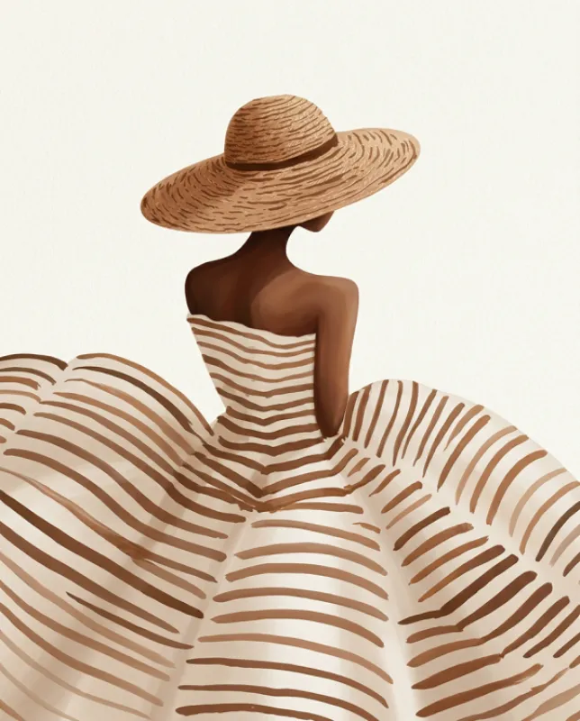 Faceless fashion art print of a woman seen from behind wearing an oversized straw hat and a flowing striped gown in warm caramel and cream brushstroke tones on a light background
