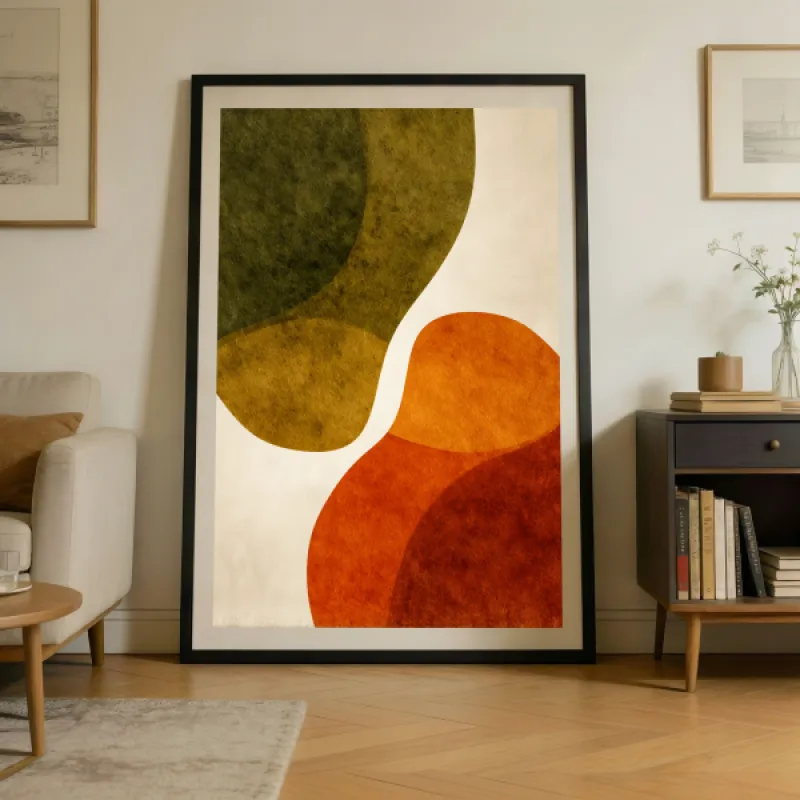Twee grote organische vormen — diep olijfgroen en warm verbrand oranje — die zacht samenkomen in het midden van een gebroken wit canvas met wazige randen in minimalistische kleurveldstijl