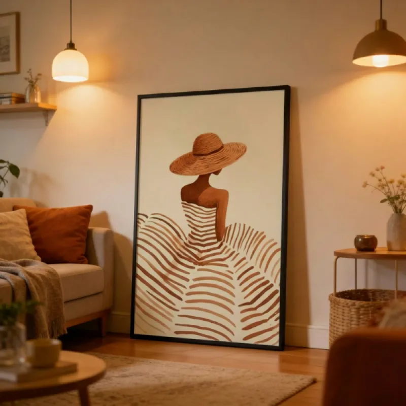 Elegant Straw Hat Woman Wall Art Print — Neutral Tone Faceless Fashion Poster
