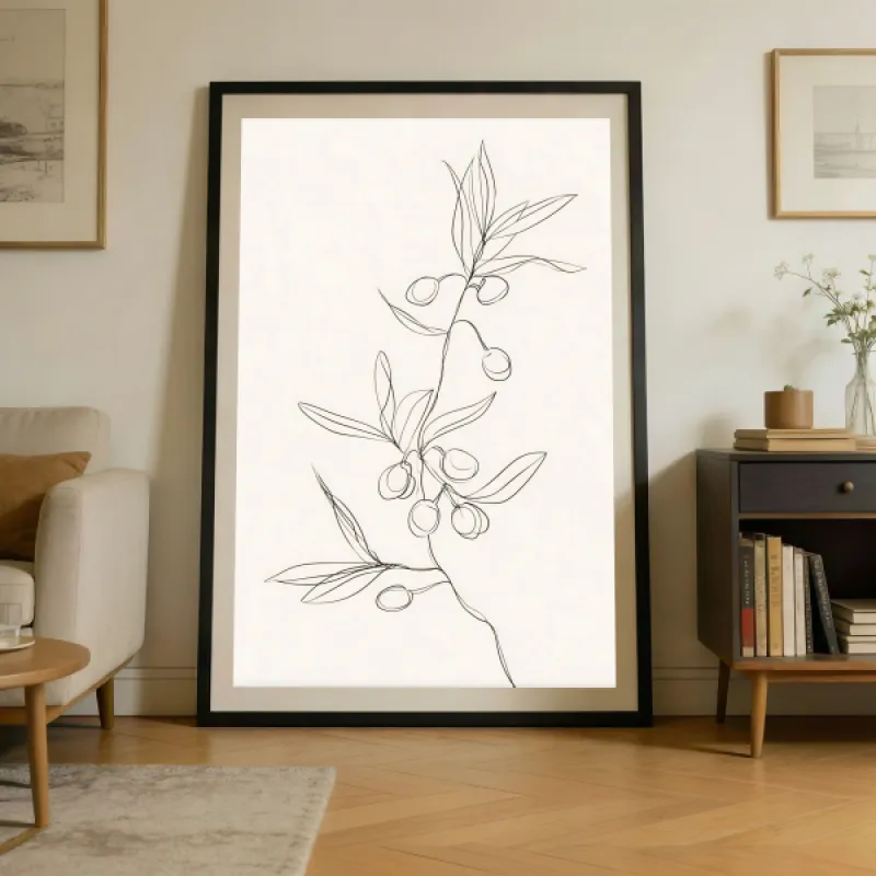 Minimalist Olive Branch Line Drawing Wall Art Print — Mediterranean Botanical Scandinavian Poster