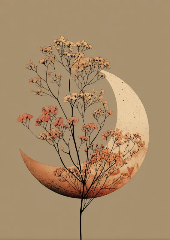 Minimalist illustration of a large crescent moon in warm beige with soft orange glow and a delicate branch with small terracotta blossom clusters on a warm taupe background