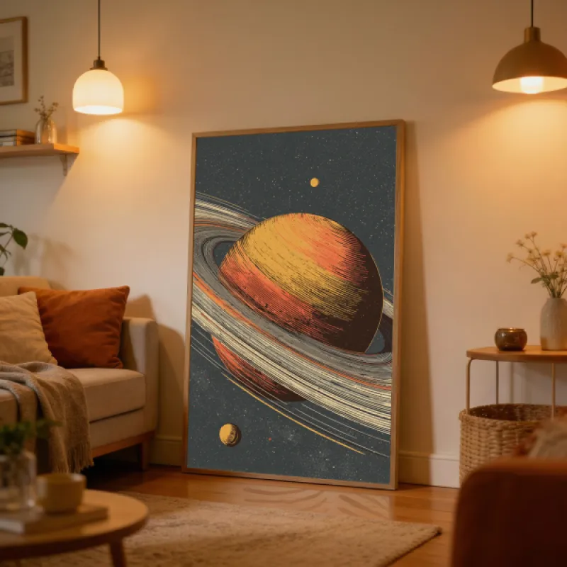 Vintage-style illustration of Saturn and its ring system in glowing orange, amber, and rust with fine cross-hatching lines on a dark slate-blue background with stars