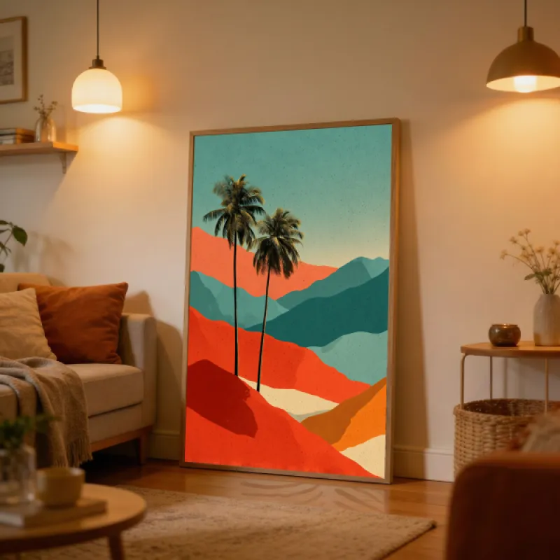 Grafische illustratie van twee slanke palmbomen op kleurrijke gelaagde heuvels in felrood, koraaloranje, teal en goudgeel met lichte oppervlakte textuur