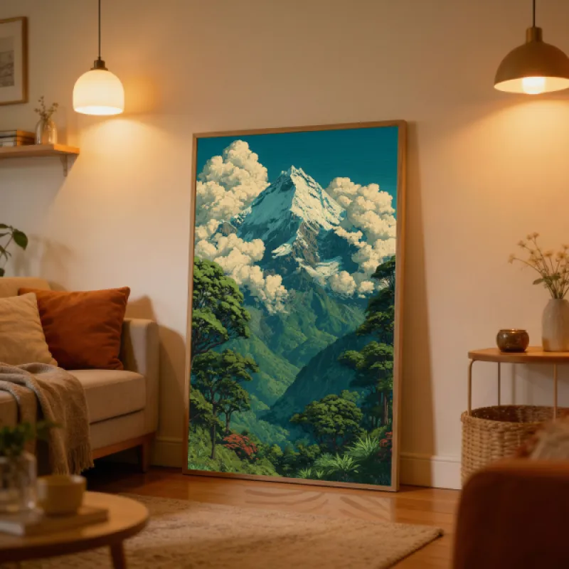 Besneeuwde Expeditie Bergpiek Wandkunst Print — Vintage Tropisch Woud Avontuur Poster