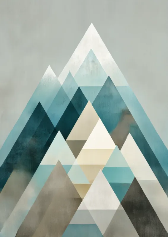 Abstracte geometrische compositie van gelaagde bergdriehoeken in tinten van teal, blauwgrijs, warm beige en wit met licht getextureerde vlakken