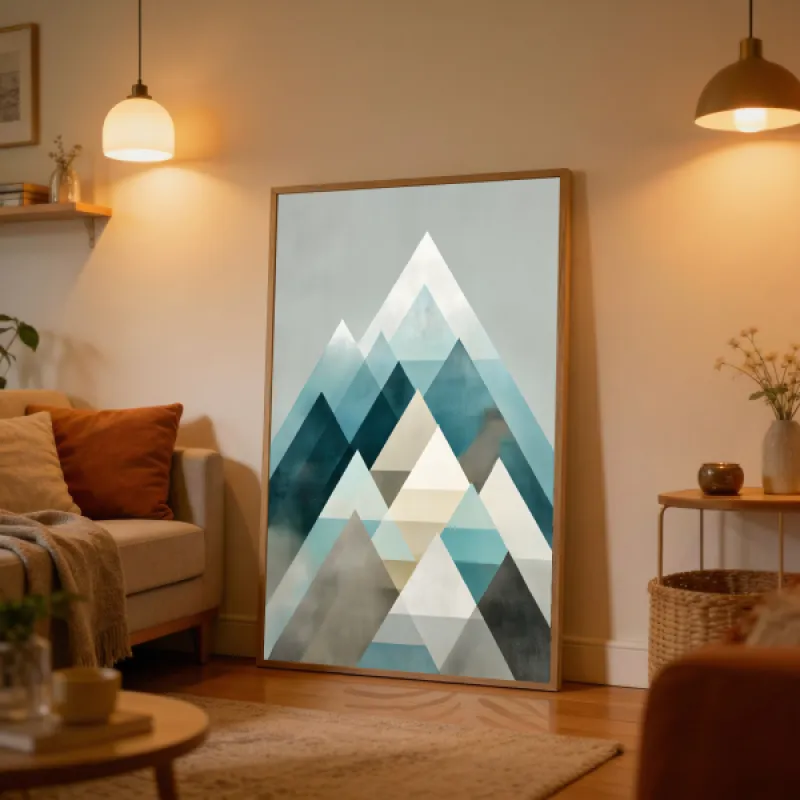 Abstract geometric composition of layered mountain triangles in shades of teal, blue-grey, warm beige, and white with lightly textured planes