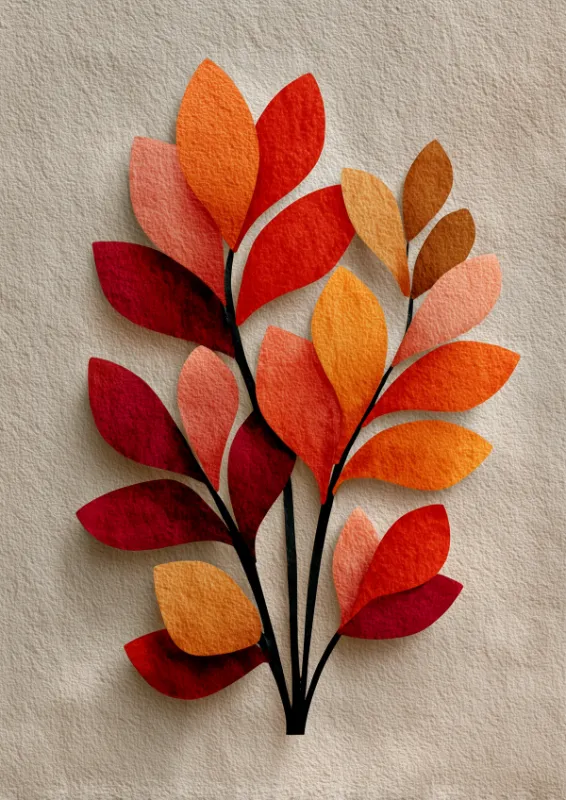 Flat paper cut-out stijl botanische compositie van herfstbladeren in terracottarood, felrood, zalmroze, amber en warm bruin op een lichte beige getextureerde achtergrond