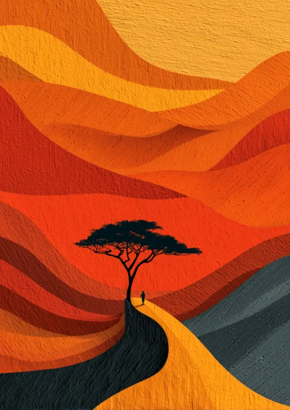 Graphic illustration of a lone acacia tree with a tiny human figure in a flowing African savanna landscape of blazing orange, gold, amber, and dark slate