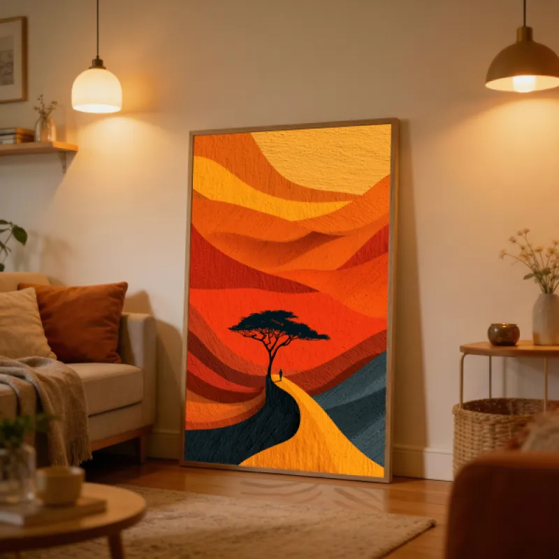 Graphic illustration of a lone acacia tree with a tiny human figure in a flowing African savanna landscape of blazing orange, gold, amber, and dark slate